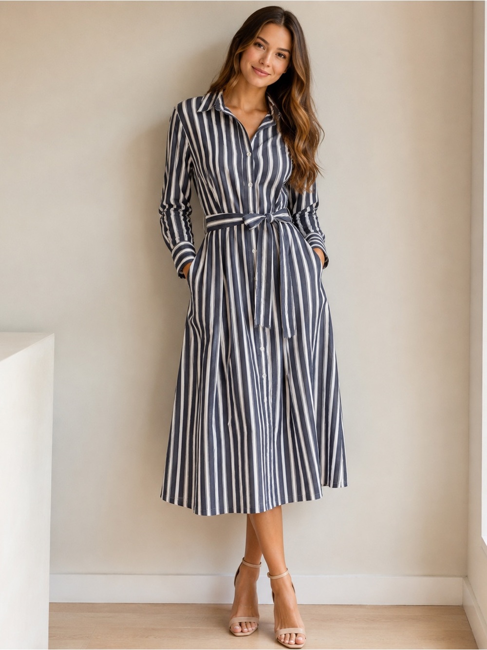 Striped Button-Front Shirt Dress with Waist Tie